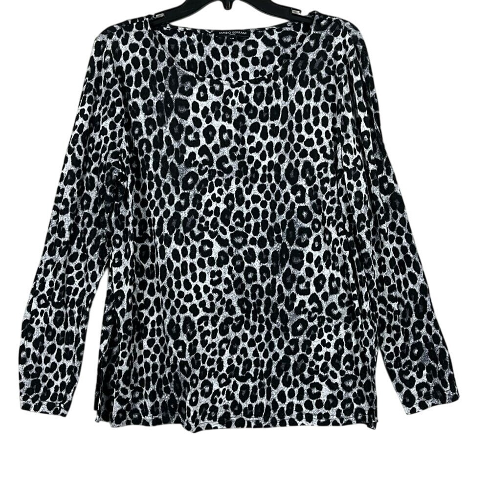 Mario‎ Serrani Long Sleeve Blouse Womens Size Large Black Grey Animal Print